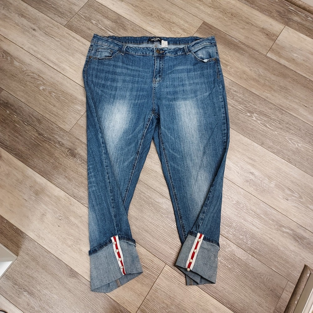 Almost Famous Cropped Jeans Womens 20 Blue Pearl Cuff Stripe Denim Plus Selvedge